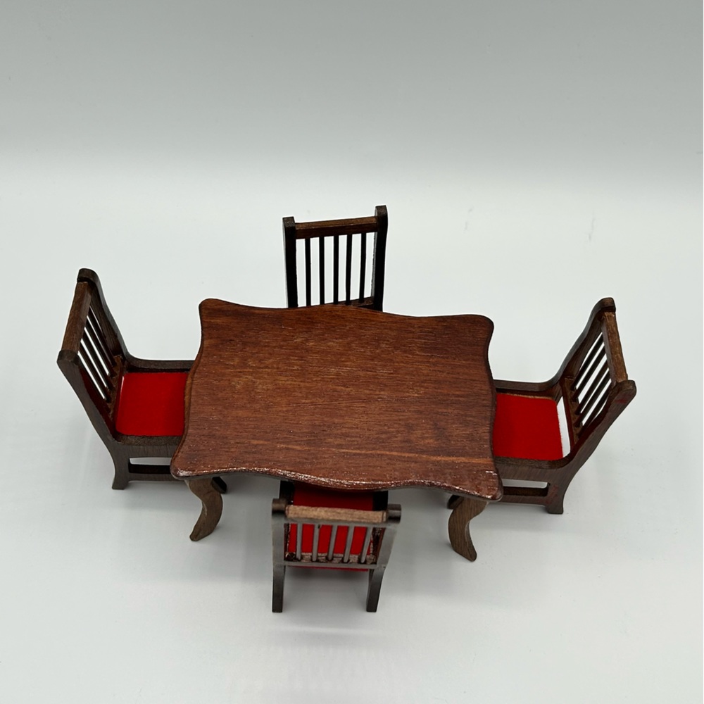 Vintage Miniature Dining Table & Chair Set Dollhouse Dark Wood Red Seats